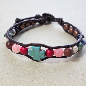 Boho Leather Wrap Bracelet Turquoise Cross Natural Stone Celtic Knot Button